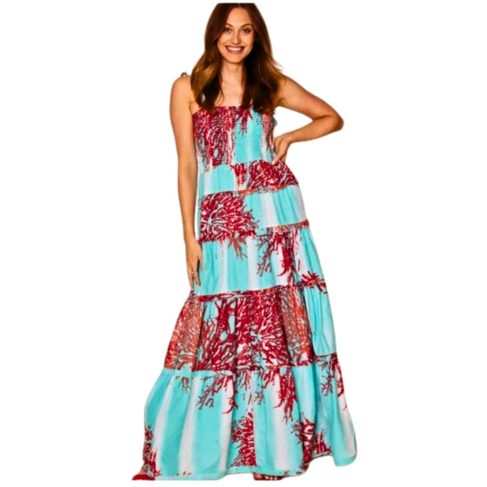 Women’s NWT Smocked Maxi,Lined, Tasseled Adjustable Shoulders and Waist Tie.